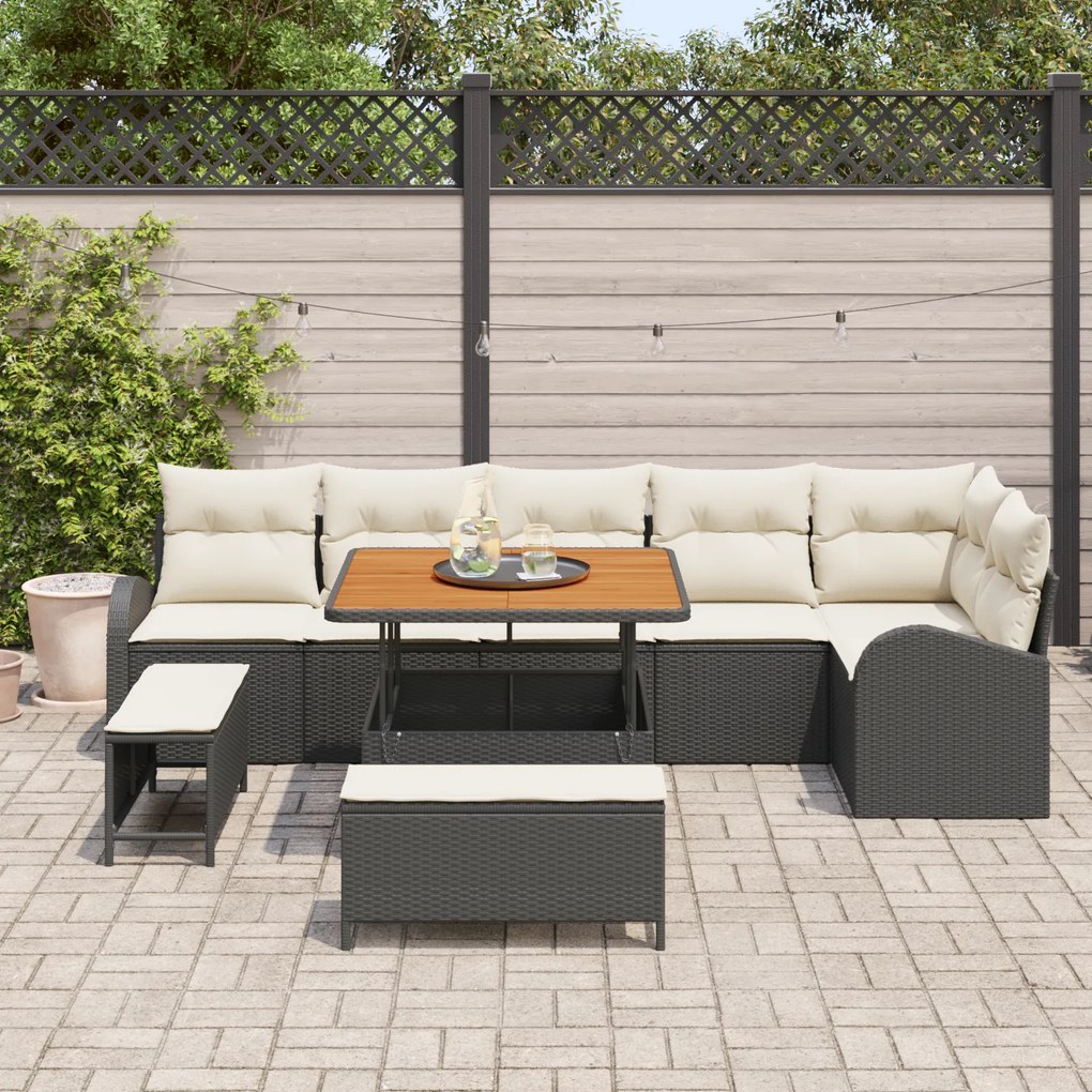 Conjunto de Sofá de Jardim de 9 Peças com Almofadas Preto Rattan de Po