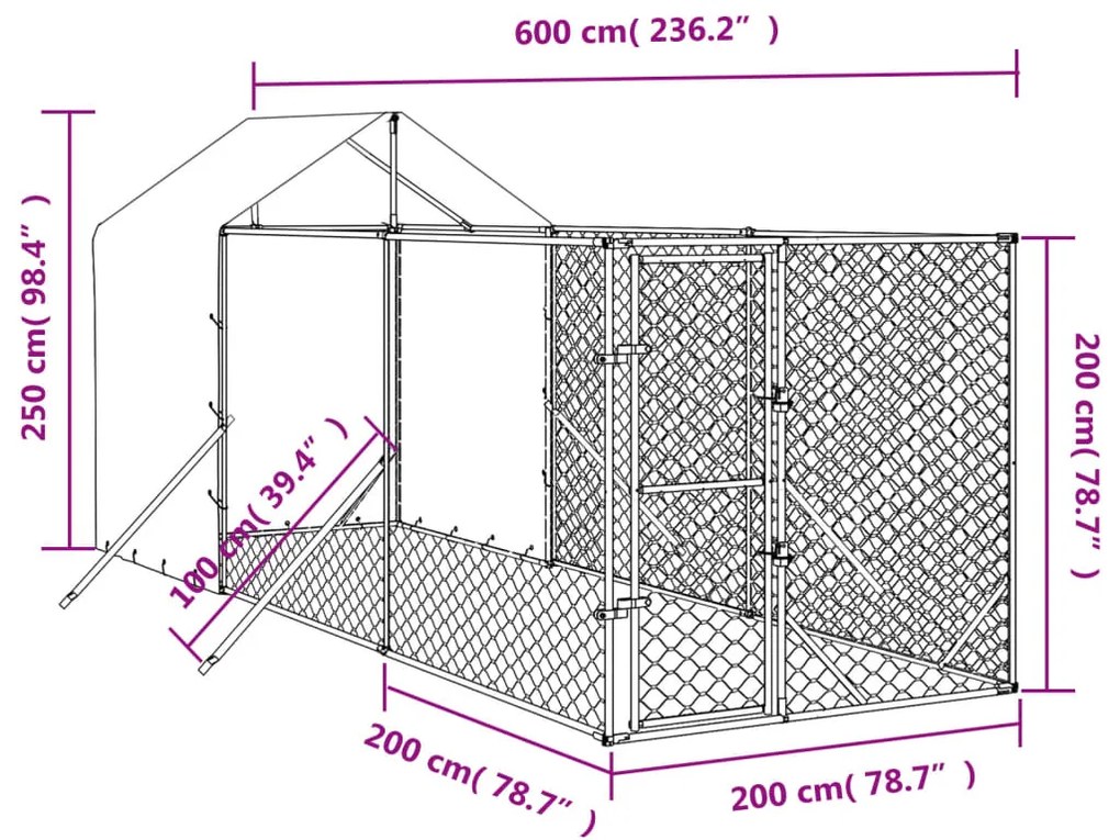 Canil de exterior com teto 2x6x2,5 m aço galvanizado prateado