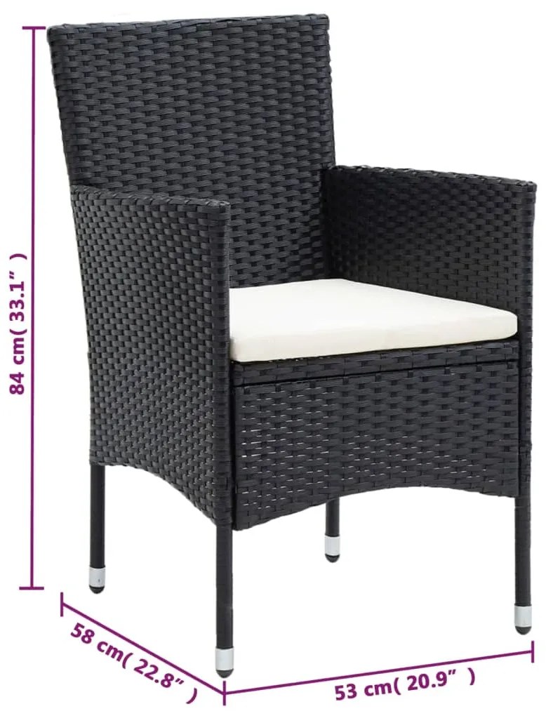 3 pcs conjunto de jantar p/ jardim c/ almofadões vime PE preto