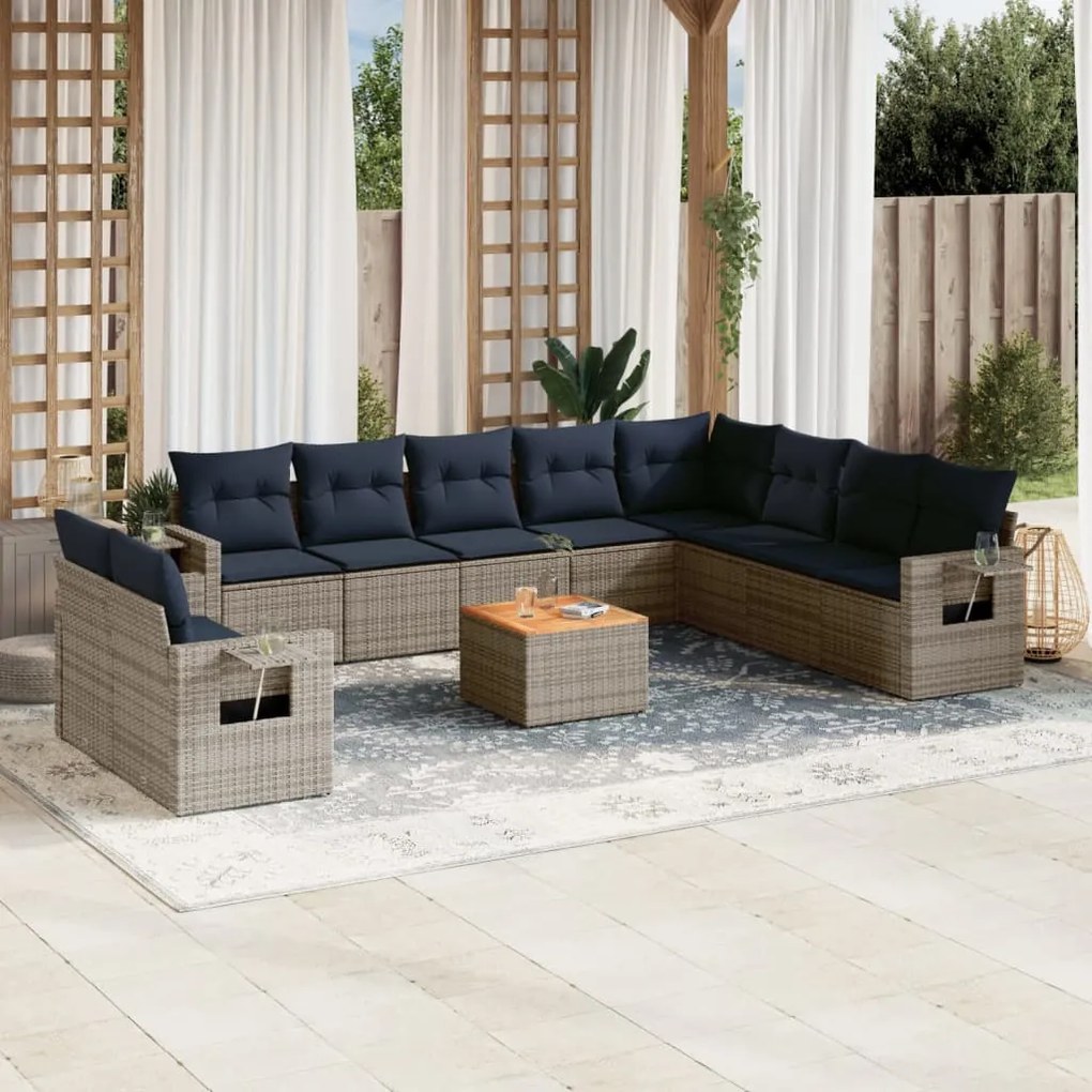 vidaXL 11 pcs conjunto sofás de jardim c/ almofadões vime PE cinzento