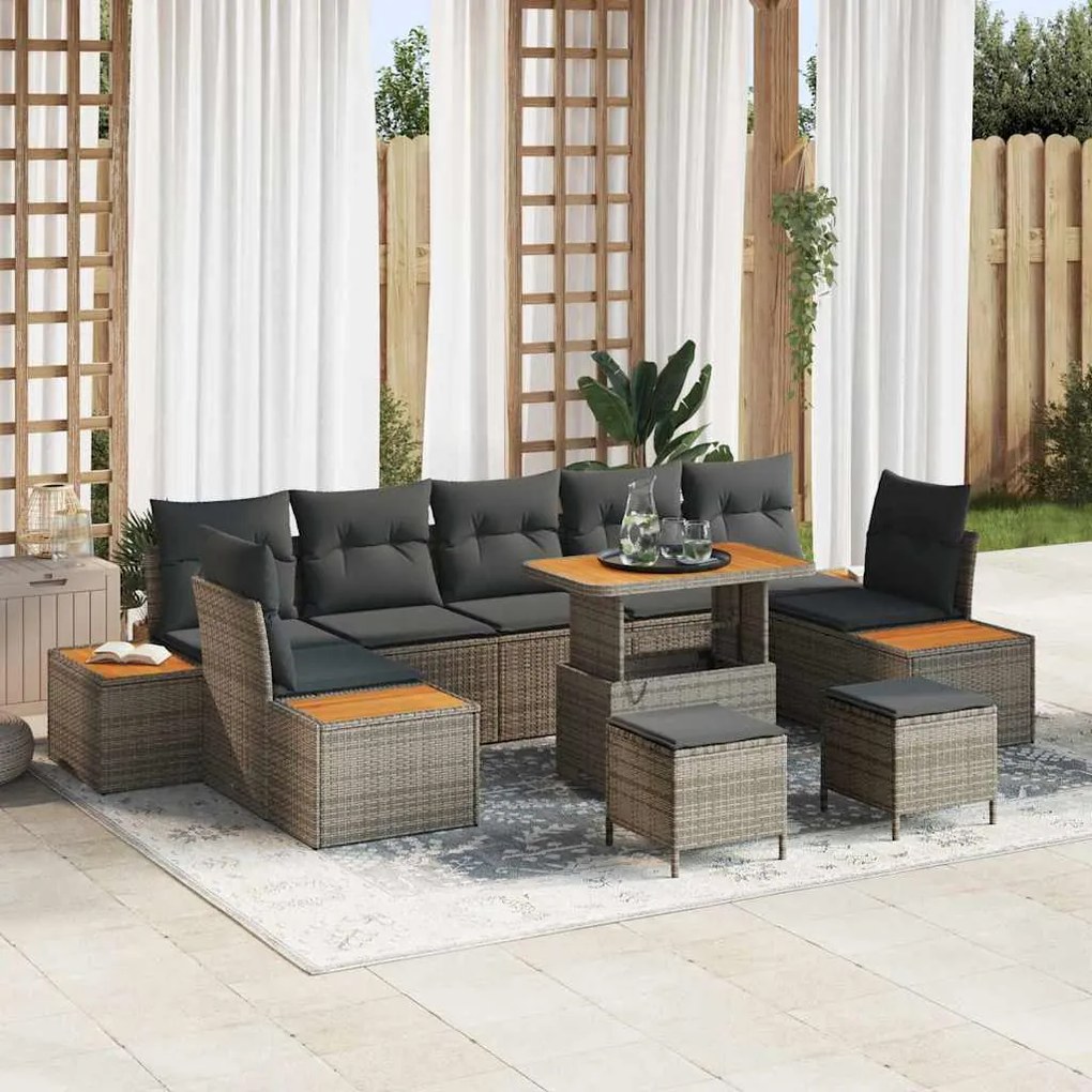 vidaXL Conjunto de Sofá de Jardim com 10 Peças e Almofadas Cinzas em Rattan Sintético e Acácia.