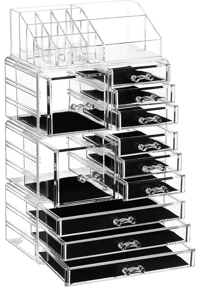 Organizador de maquiagem SONGMICS 4 em 1 XXL, caixa de maquiagem com 11 gavetas e 15 compartimentos em diferentes tamanhos, almofadas antiderrapantes, para cosméticos e joias, transparente JKA017TP