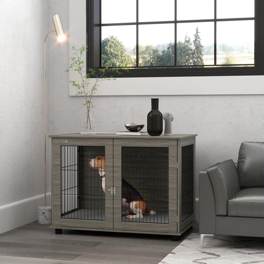 Gaiola para cães 2 em 1: mesa auxiliar com almofada de pelúcia com capa removível e porta com fecho de segurança, 100 x 60 x 73,5 cm, cinzenta