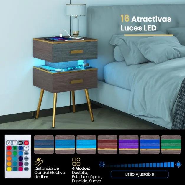 Mesa de cabeceira Luz LED ou Mesa de apoio para sofás com estação de carregamento 2 portas USB 3 tomadas e 2 gavetas 44 x 38 x 72 cm Cinzento