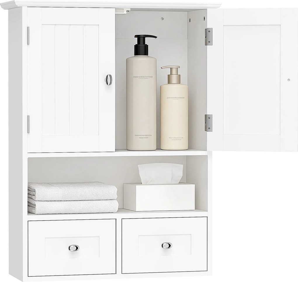 kleankin Armário de Casa de Banho de Parede com 2 Portas, Prateleira Aberta e 2 Gavetas 508x178x66cm Branco | Aosom Portugal