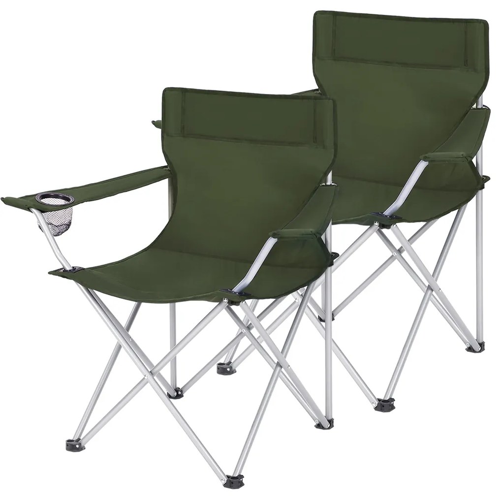 Conjunto 2 cadeiras de campismo dobráveis, com apoio de braços e porta-copos, carga máx. ~120 kg, cor verde militar