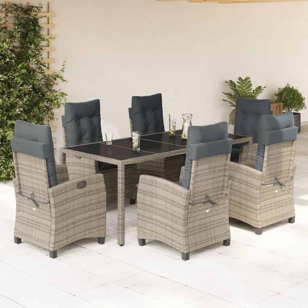 7 pcs conjunto de jantar p/ jardim c/ almofadões vime PE cinza
