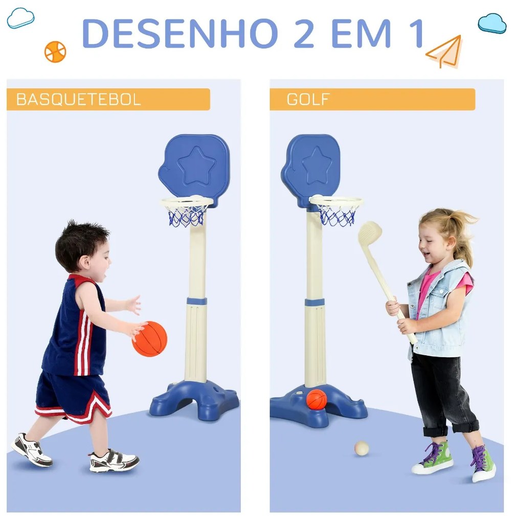 Cesta de Basquetebol 2 em 1 Jogo de Golf para Crianças acima de 2 Anos Aro com Altura Ajustável de 83-120cm Bolas e Taco de Golf 46x41x116-153cm Azul