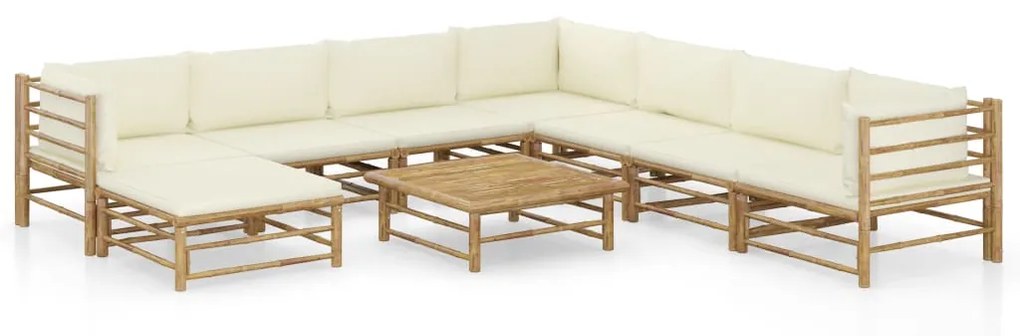 vidaXL 9 pcs conj. lounge p/ jardim em bambu c/ almofadões branco nata