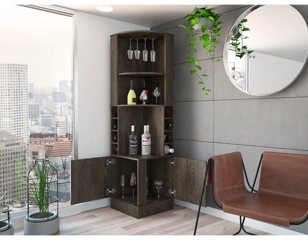 Bar de Canto com Suporte Copos, para sala, cozinha 180,6 cm a x 46,9 cm p x 46,9 cm, Castanho