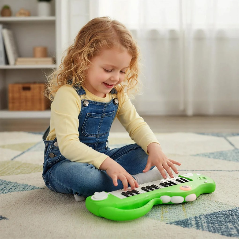 Piano infantil de 25 teclas em forma de dinossauro com música e luzes integradas para maiores de 3 anos Verde