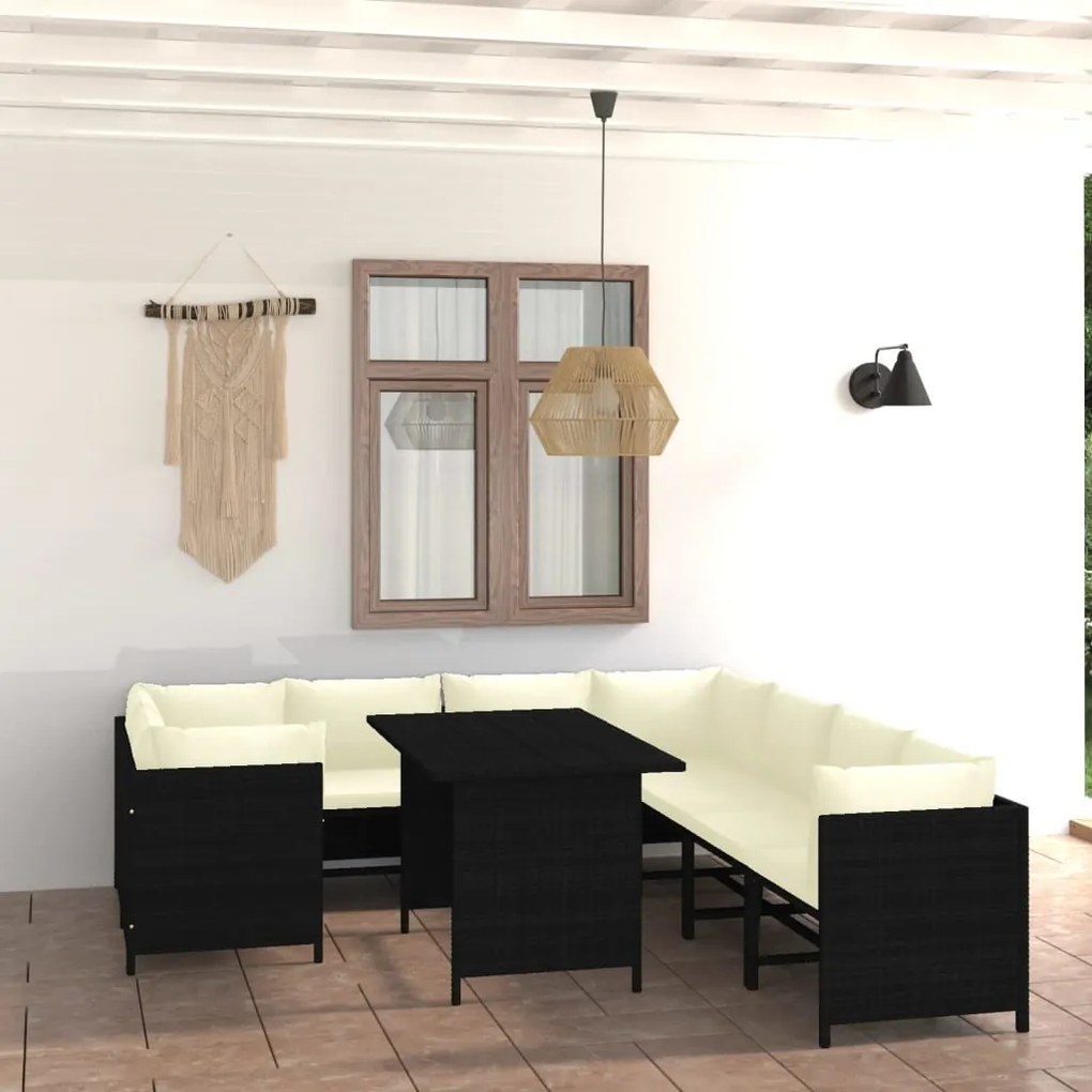 9 pcs conjunto lounge de jardim c/ almofadões vime PE preto