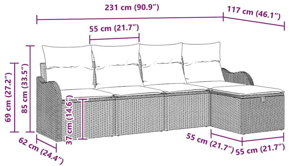 Conjunto de Sofás de Jardim de 5 Peças com Almofadas em Poli Rattan Pr
