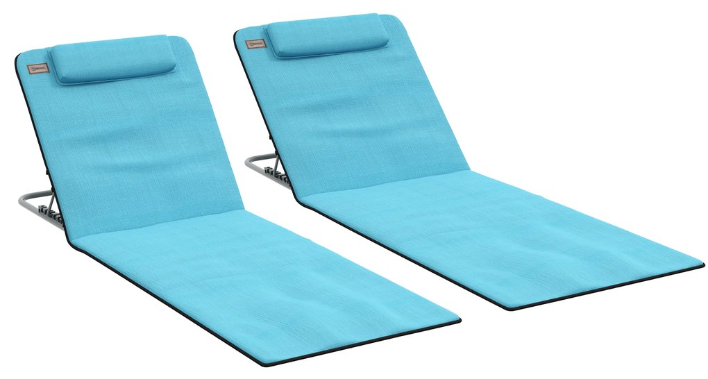 Outsunny Conjunto de 2 Esteiras de Praia com Encosto Reclinável em 5 Níveis Bolsa de Transporte e Apoio de Cabeça 48x134x33-43 cm Azul