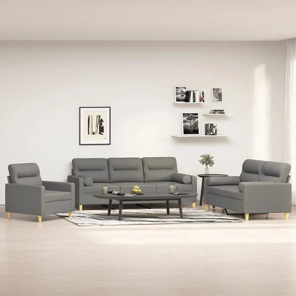 vidaXL 3 pcs conjunto de sofás c/ almofadões tecido cinza-escuro