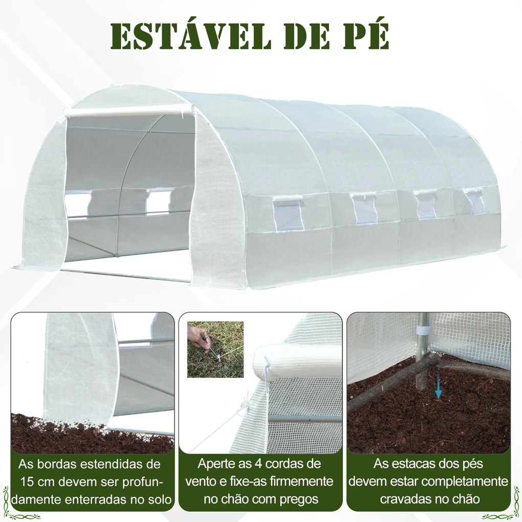 Estufa de jardim Tipo de túnel com 8 janelas e tampa de polietileno 600x300x200 cm Branco