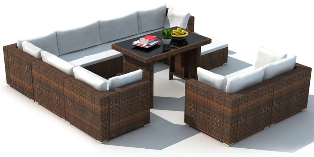 10 pcs conjunto lounge jardim c/ almofadões vime PE castanho