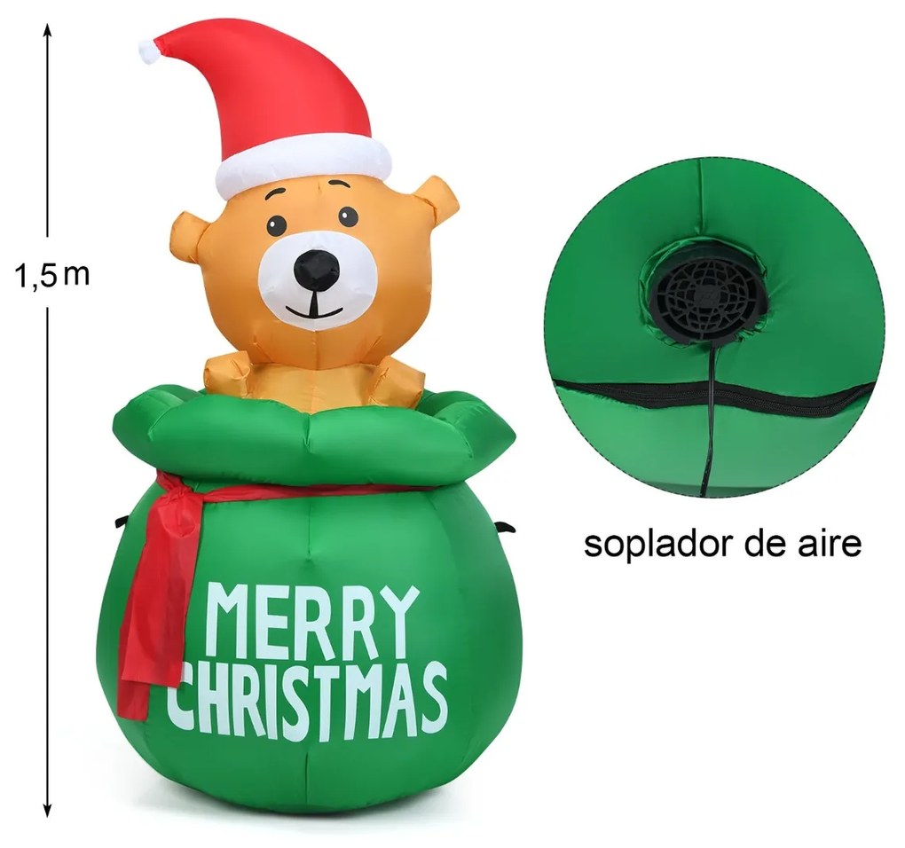 Urso de Natal 1,5 m  Insuflável Decoração de Natal Insuflável com material impermeável Ideal para Jardim Lojas