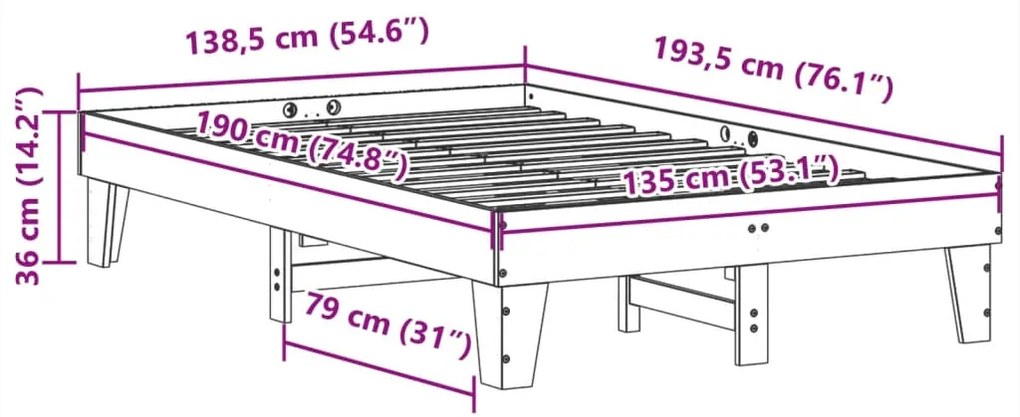 Cama sem colchão 135x190 cm madeira pinho maciça castanho-mel