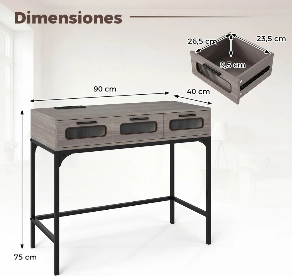 Mesa consola com luzes LED e estação de carregamento, 90 x 40 x 75 cm, com portas USB e gavetas, estreita, para sala, hall de entrada ou corredor, cin