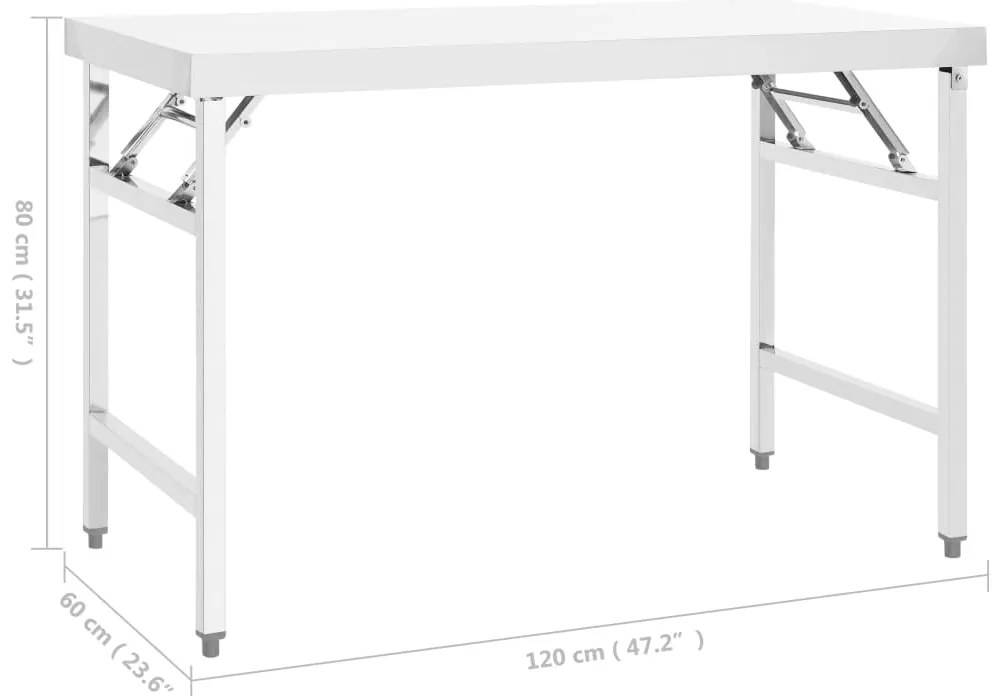 Mesa de trabalho de cozinha dobrável 120x60x80cm aço inoxidável
