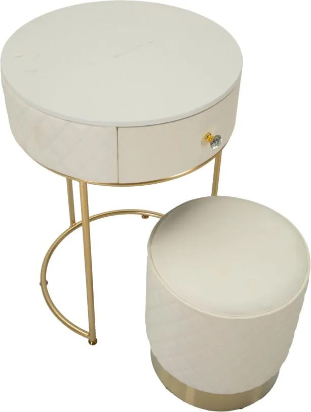 Toucador Alto Sharon com Puff - Madeira e MDF Branco com Detalhes Dour