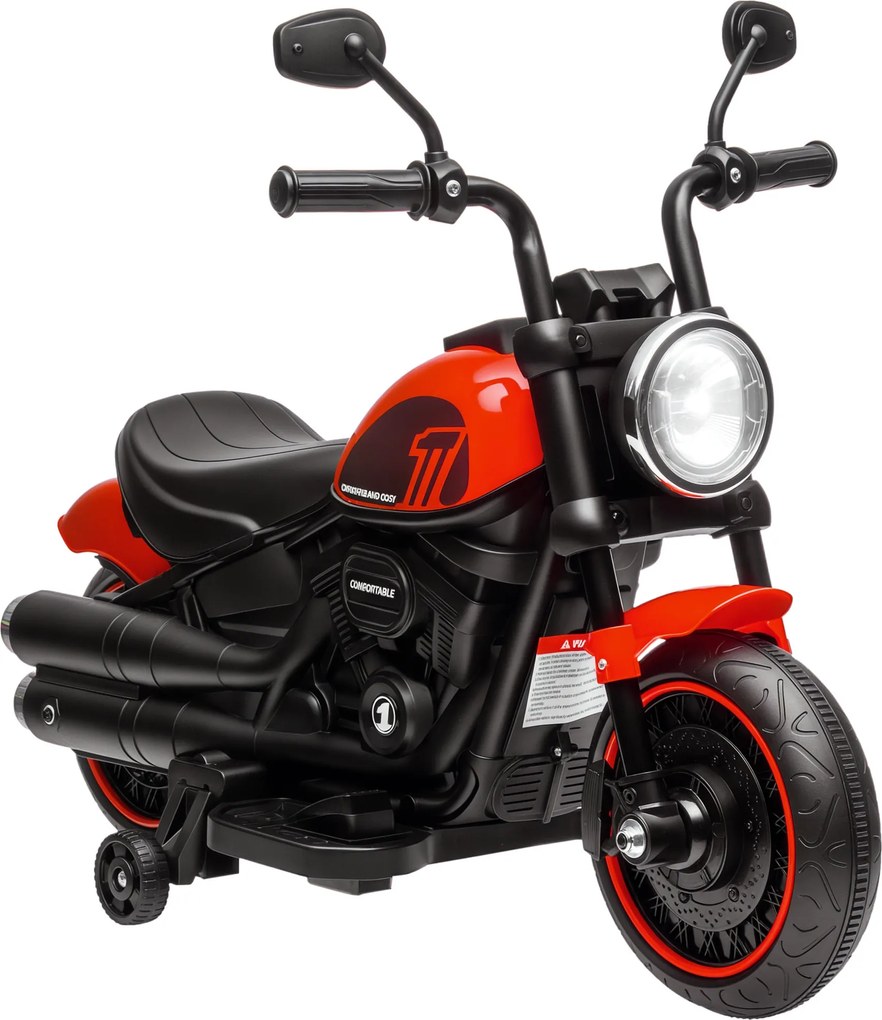 Moto elétrica para crianças a 3 km/h, 6 V, com farol LED, 2 rodas de apoio, para idades entre os 18 e os 36 meses, com motor potente, vermelha