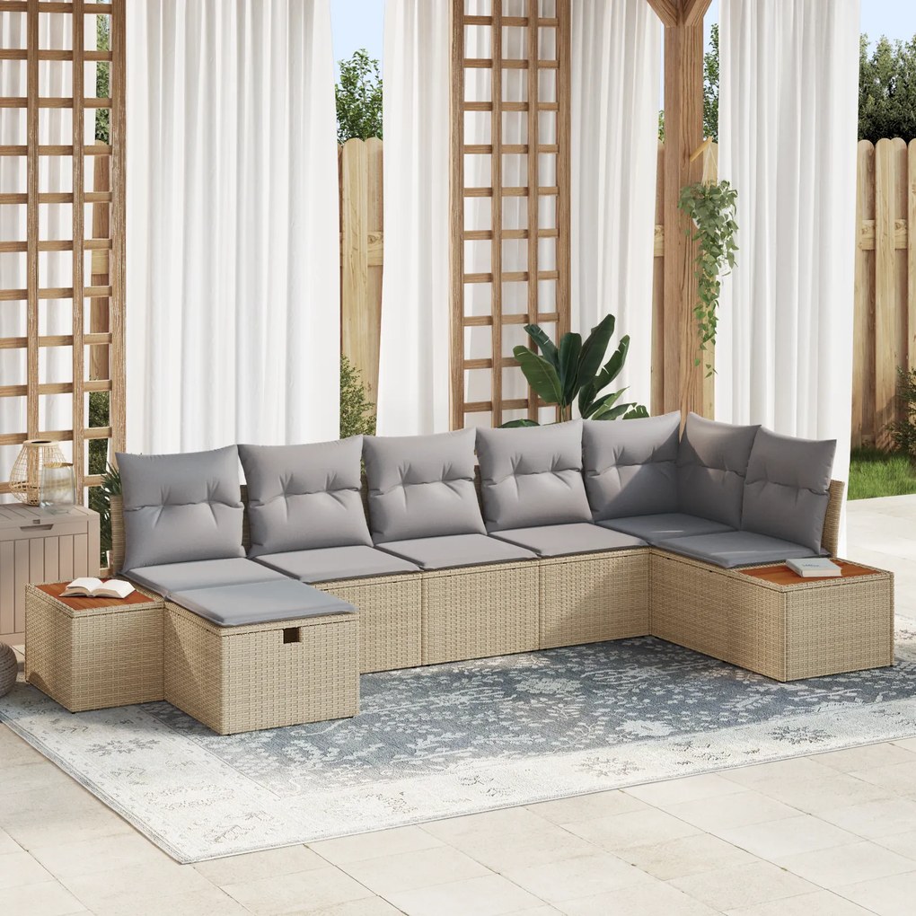 Conjunto de Sofá de Jardim de 7 Peças com Almofadas Bege Vime Sintétic