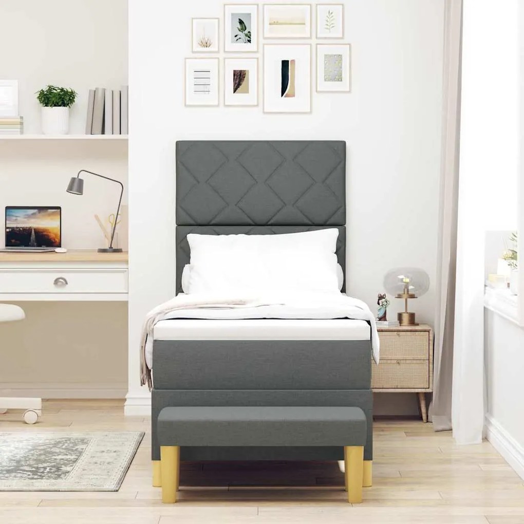 Cama Box Spring com Colchão e Banco Cinza Escuro 80x200 cm Tecido