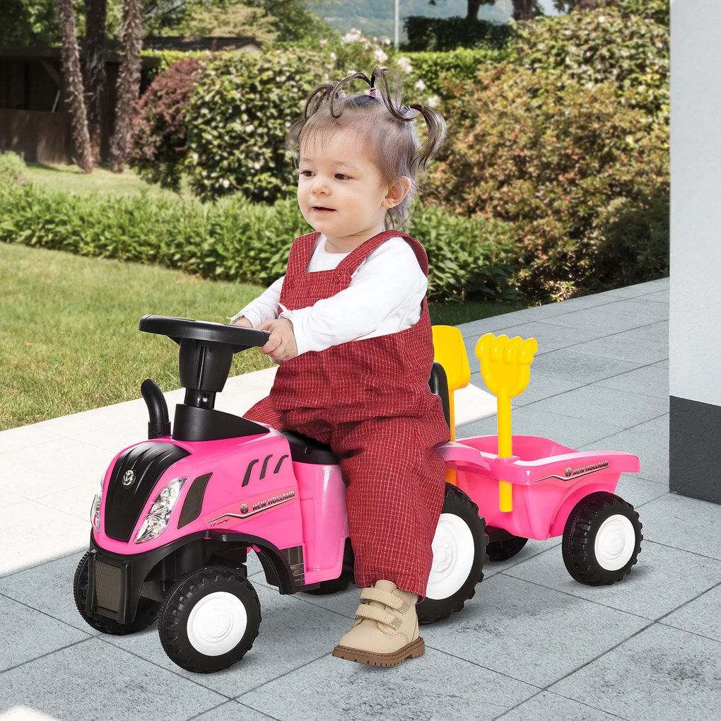 HOMCOM Trator para Crianças de 12-36 Meses com Reboque Removível Carro Andador com Buzina Farol Pá e Ancinho Carga 25kg 91x29x44cm Rosa