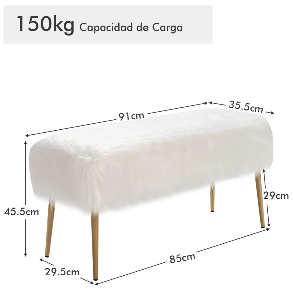 Banco de Entrada Quarto Cama em Couro Sintético com Pés Decorativos Rectangulares de Pés Decorativos 91 x 35,5 x 45,5 cm Branco