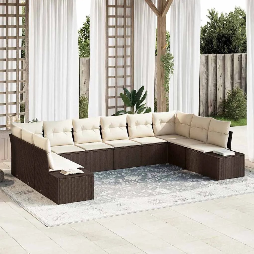 Conjunto de Sofás para Jardim com 10 Peças e Almofadas Castanhas em Ra