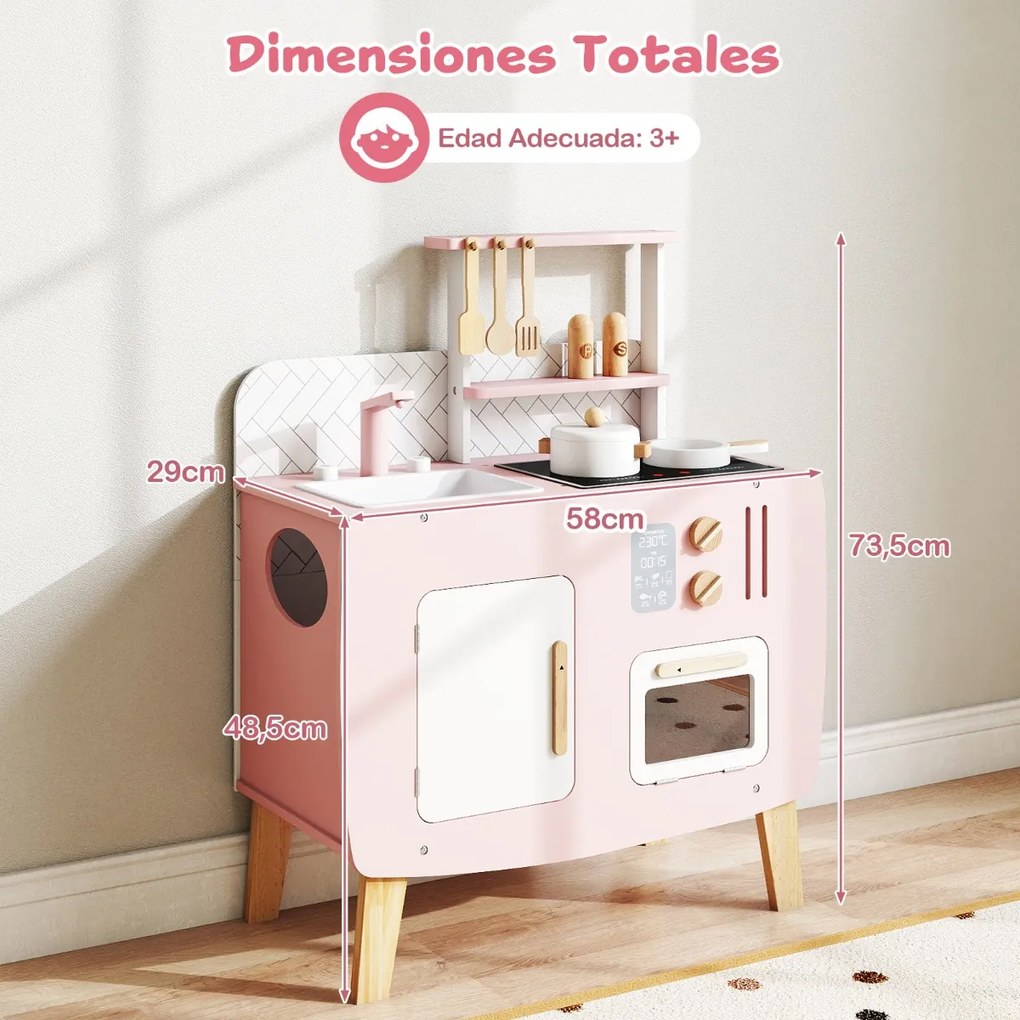 Cozinha de brincar em madeira para crianças 58 x 29 x 73,5 cm com fogão, lava-loiça, torneira, forno e acessórios para brincar às casinhas 3+ anos Ros