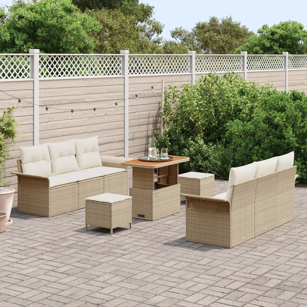Conjunto de Sofás de Jardim de 9 Peças com Almofadas Bege Vime Sintéti