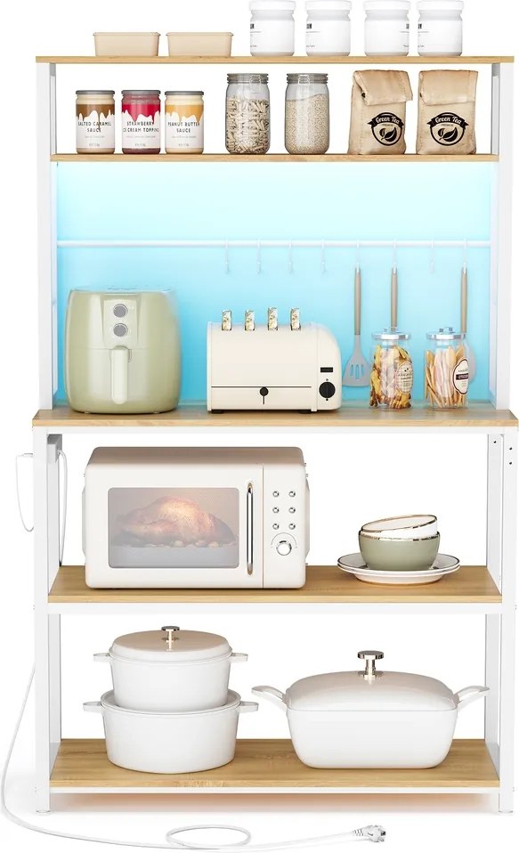 Armário de cozinha com iluminação LED 40 x 80 x 168,4 cm, com tomadas e prateleiras ajustáveis branco com acabamento em cor carvalho