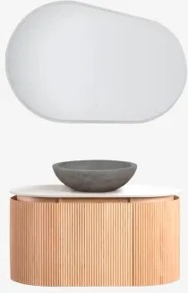 Conjunto De Móvel De Casa De Banho Suspenso 90x50 Cm Em Madeira Carsone Madeira Natural & Sem Unidade Auxiliar & Cimento Cinzento Redondo Ø40 Cm Tarsi