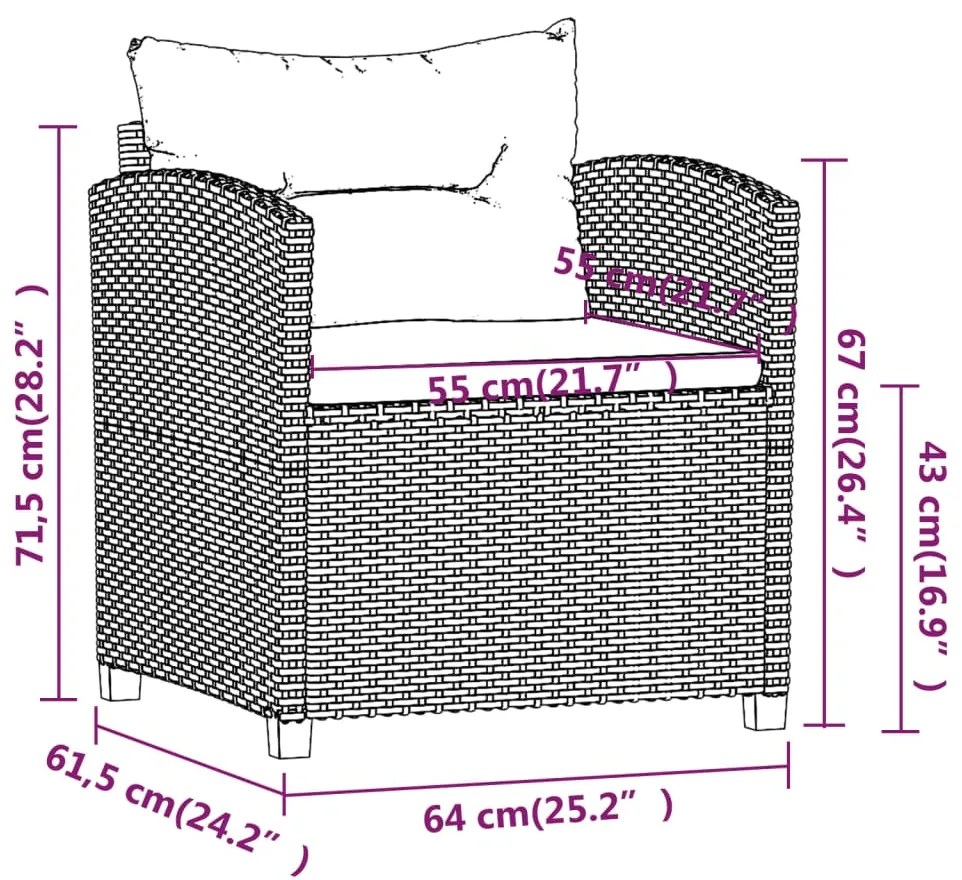 3 pcs conjunto lounge de jardim c/ almofadões vime PE cinzento