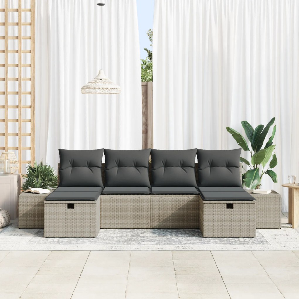 Conjunto de Sofá de Jardim com Almofadas Cinza Claro Rattan Poliéster