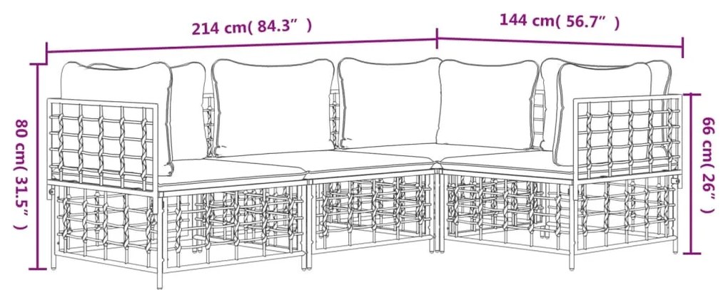 4 pcs conjunto lounge de jardim c/ almofadões vime PE antracite