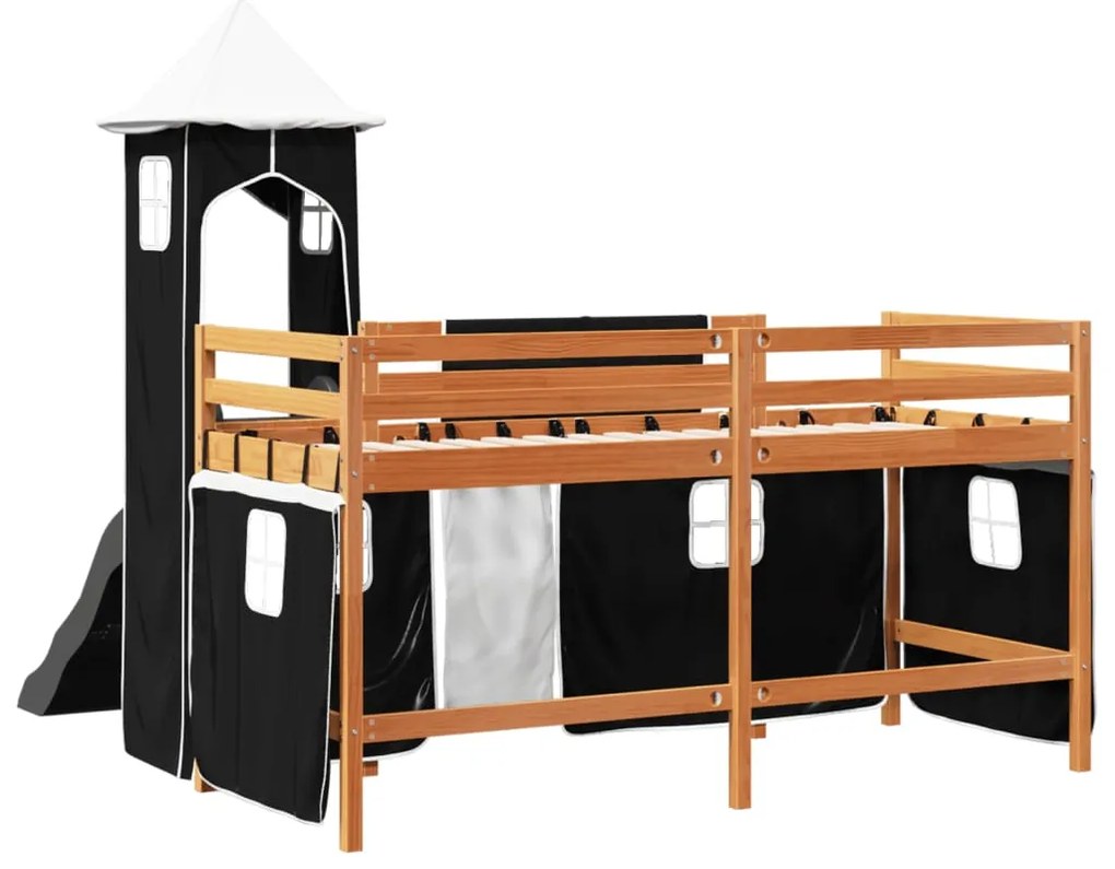 Cama alta criança c/ torre 80x200 cm pinho maciço branco/preto