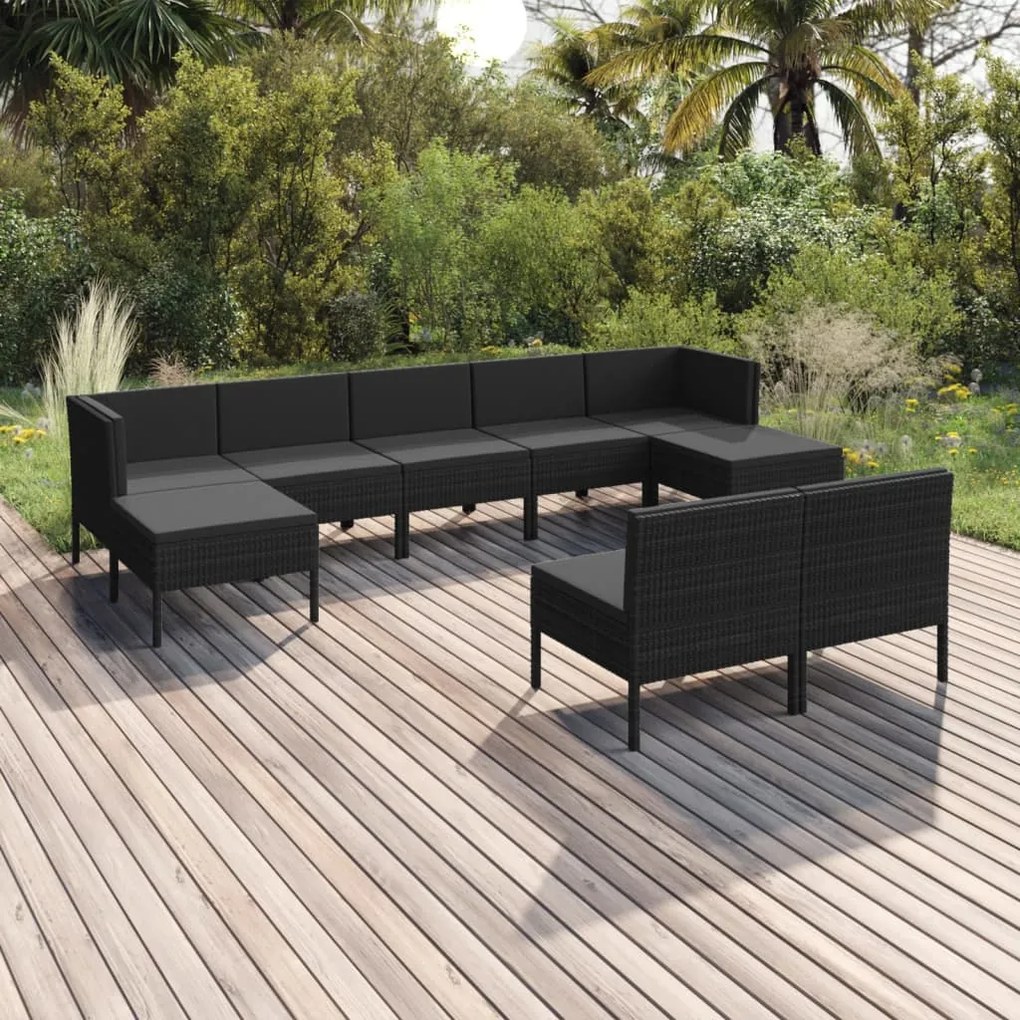 vidaXL 9 pcs conjunto lounge de jardim c/ almofadões vime PE preto