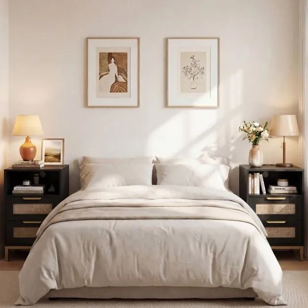 Conjunto de 2 mesas de cabeceira em rattan 60 x 35 x 61 cm com estação de carregamento e 2 gavetas estilo boho com armazenamento aberto preto e dourad