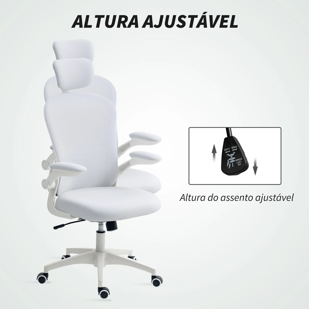 Cadeira de Escritório em Malha com Encosto Alto Apoio de Cabeça Ajustável Suporte Lombar 4D 62x64x120 cm Branco