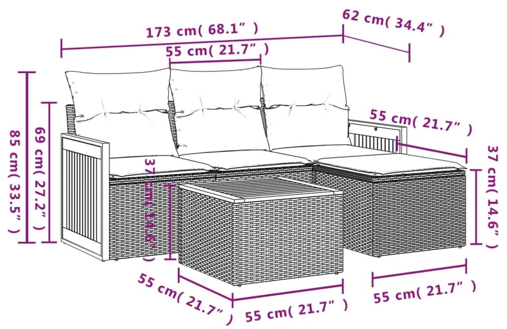 5 pcs conjunto sofás de jardim com almofadões vime PE preto