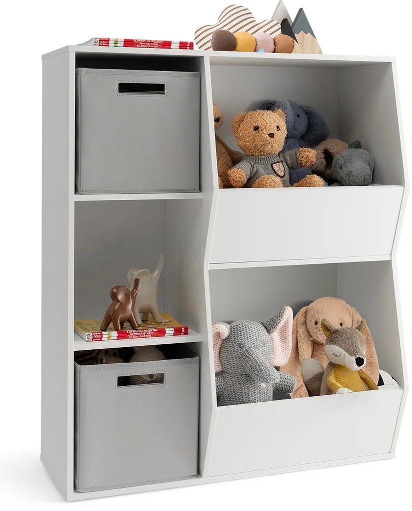 Estante infantil de 5 cubículos com 2 recipientes de tecido Estante de arrumação com compartimentos abertos para quarto de bebé Branco