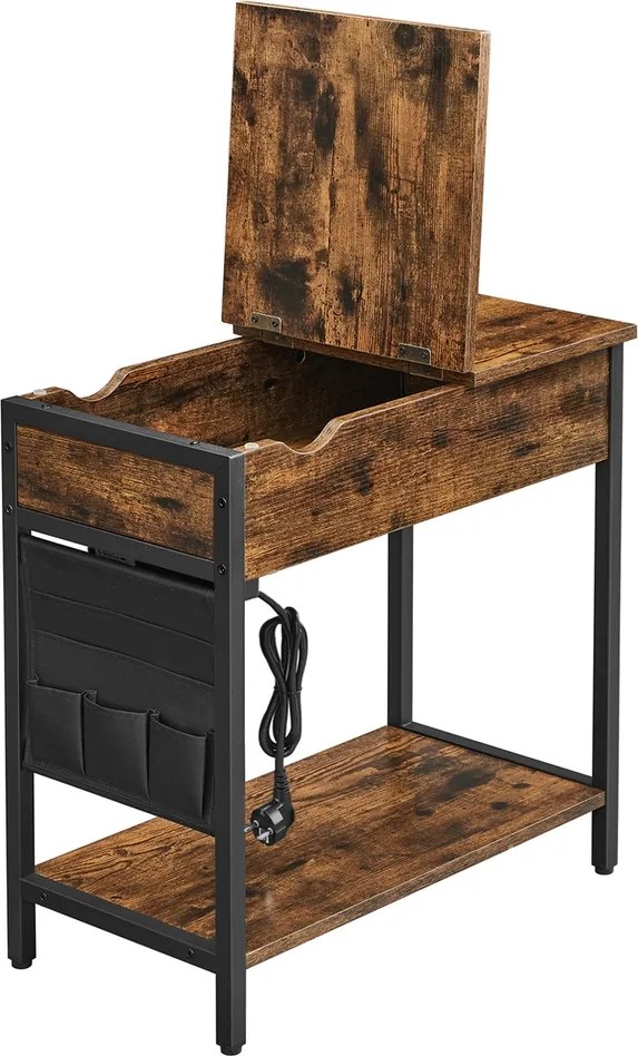 Mesa de apoio, mesa de cabeçeira 60 x 31,5 x 60 cm com tomadas e portas USB castanho-preto