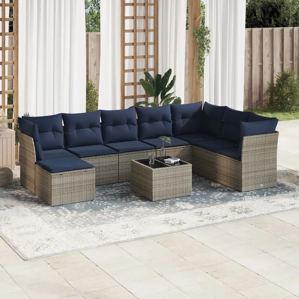 vidaXL 9 pcs conjunto sofás p/ jardim c/ almofadões vime PE cinzento