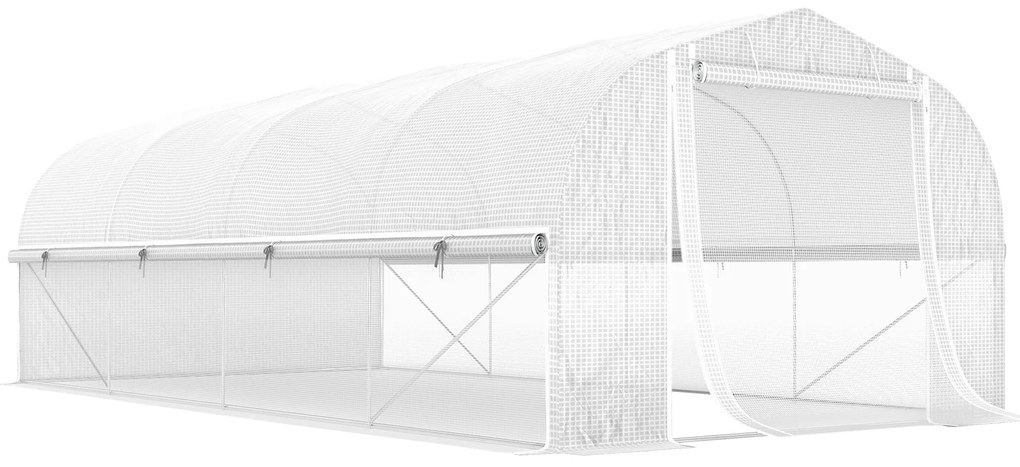 Outsunny Estufa tipo Túnel 6x3x2 m com 8 Janelas Cobertura de PE Anti UV e Porta Enrolável e Paredes Laterais Branco