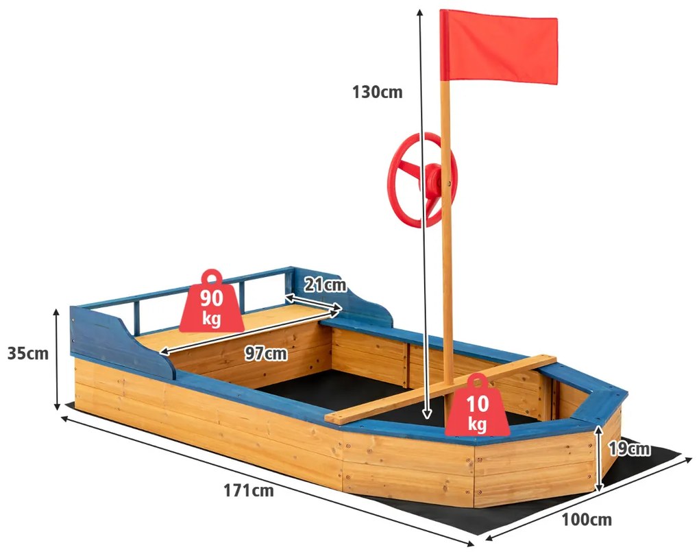 Caixa de Areia de Pirata de Madeira com Bancada e Bandeja de Areia para Jardim Terraço