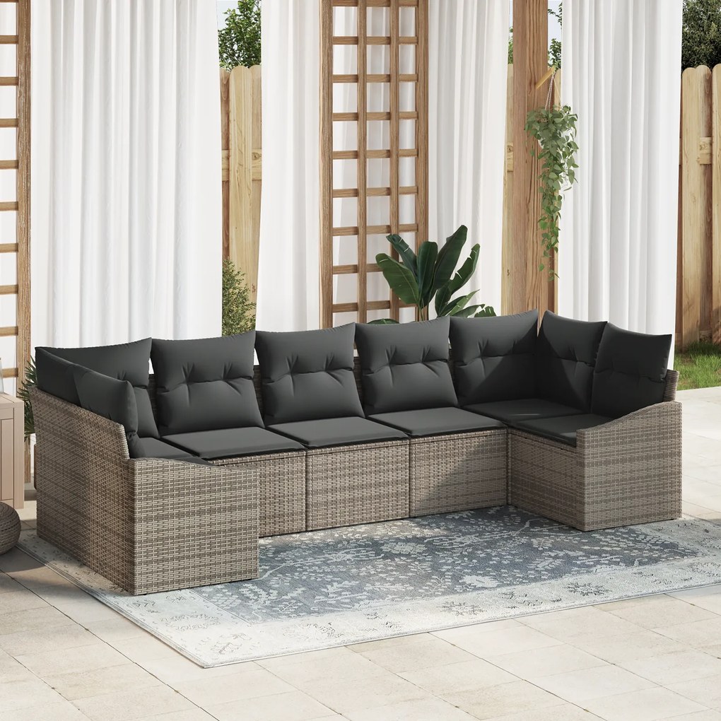Conjunto de Jantar de Jardim de 7 Peças com Almofadas Cinza Polyrattan